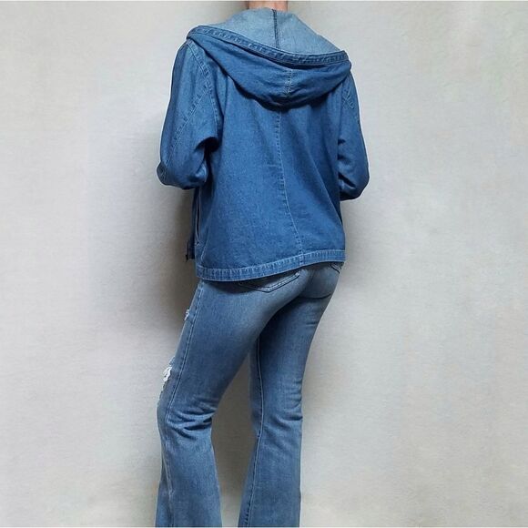 VINTAGE 1990s Sag Harbor Stone Wash Full-zip Hooded Denim Shacket Jacket Medium - Picture 3 of 16